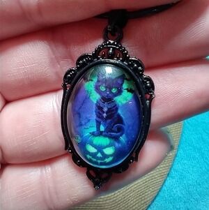 Black Cat Pendant Necklace blue green moon bats pumpkin black cord